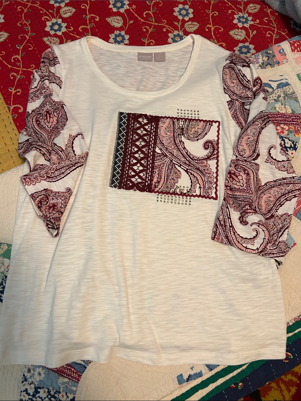 Chico's Cream 3/4 Long Sleeve Tee with Pink-Burgundy Paisley Accents